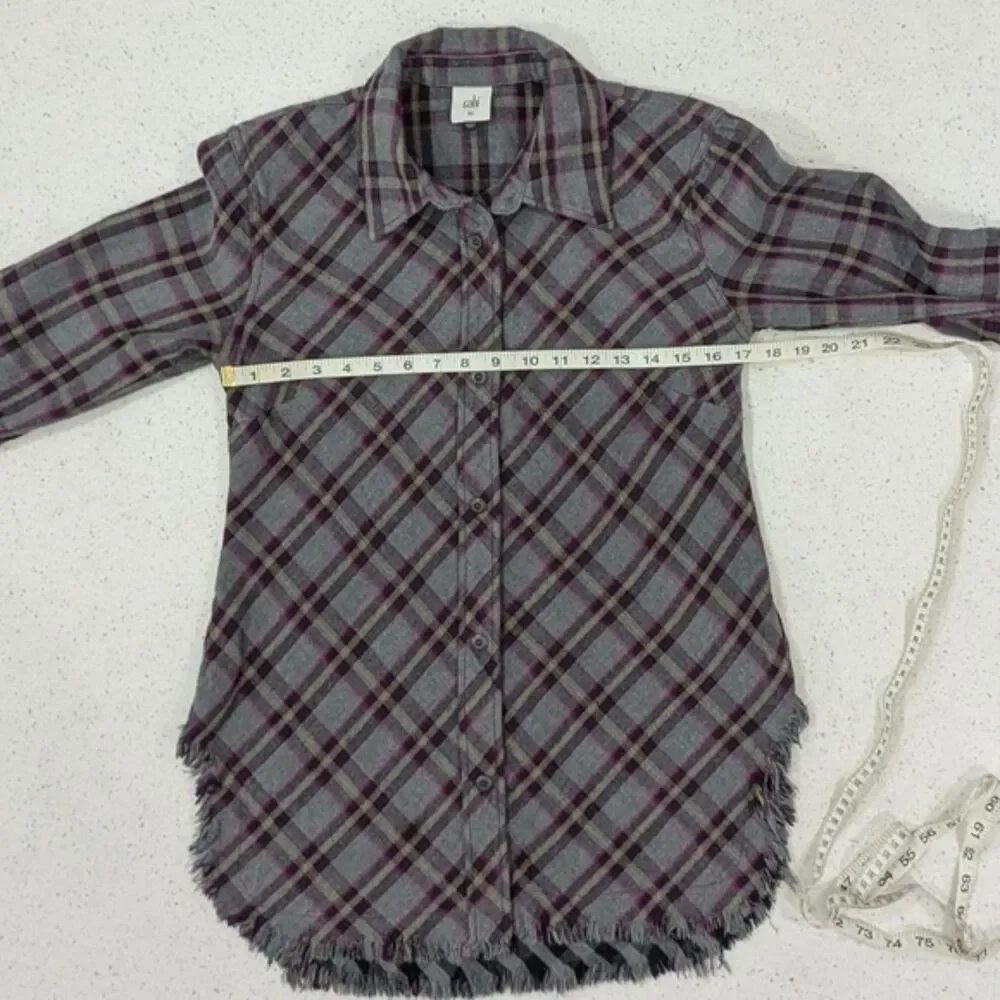 Cabi Highland Flannel Gray Purple Plaid Button Down Tunic Shirt Long Sleeve XS - Picture 5 of 10